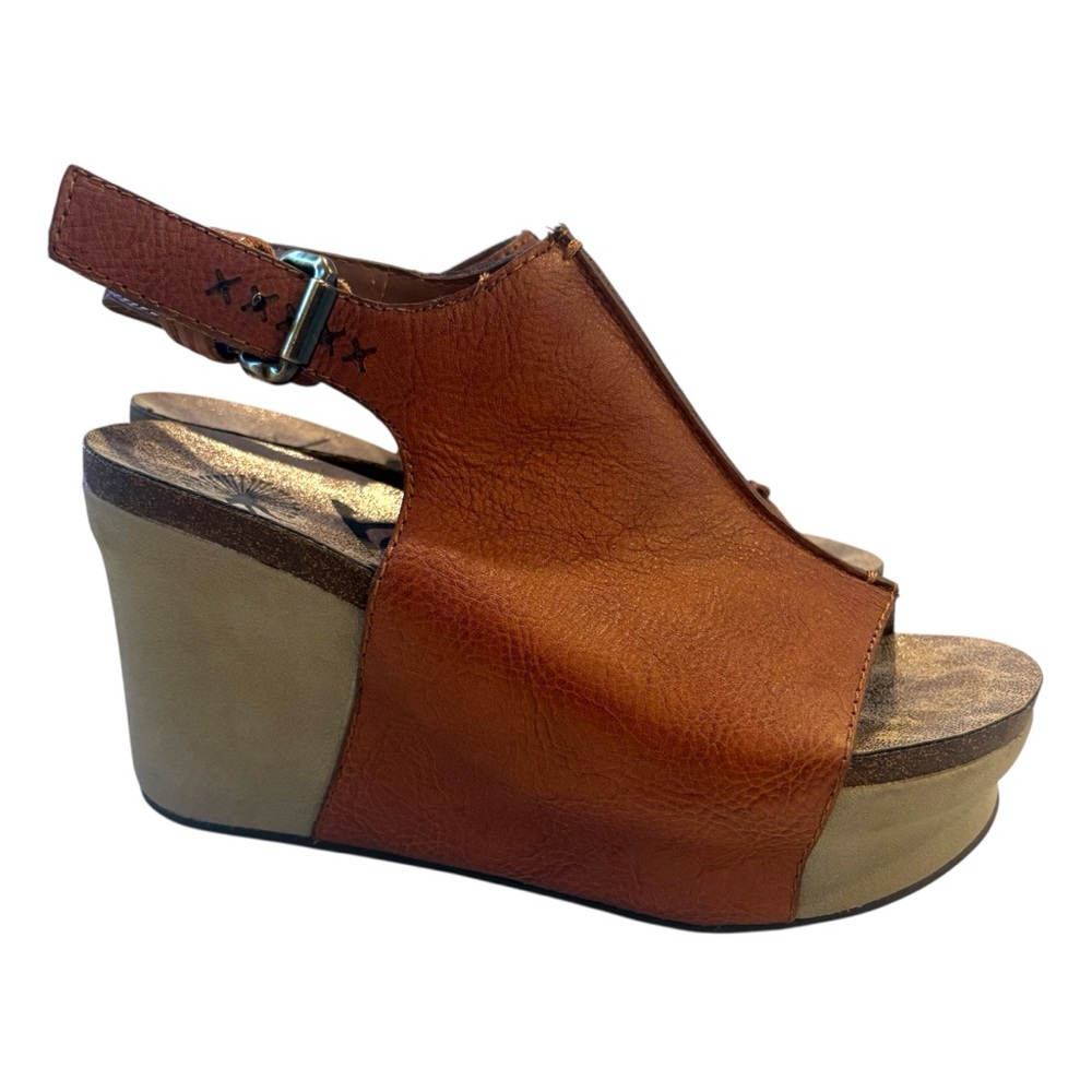 Otbt Leather Platform Sandals Wedges Cognac Brown Peep Toe Slingback 6.5 Boho - Picture 10 of 10
